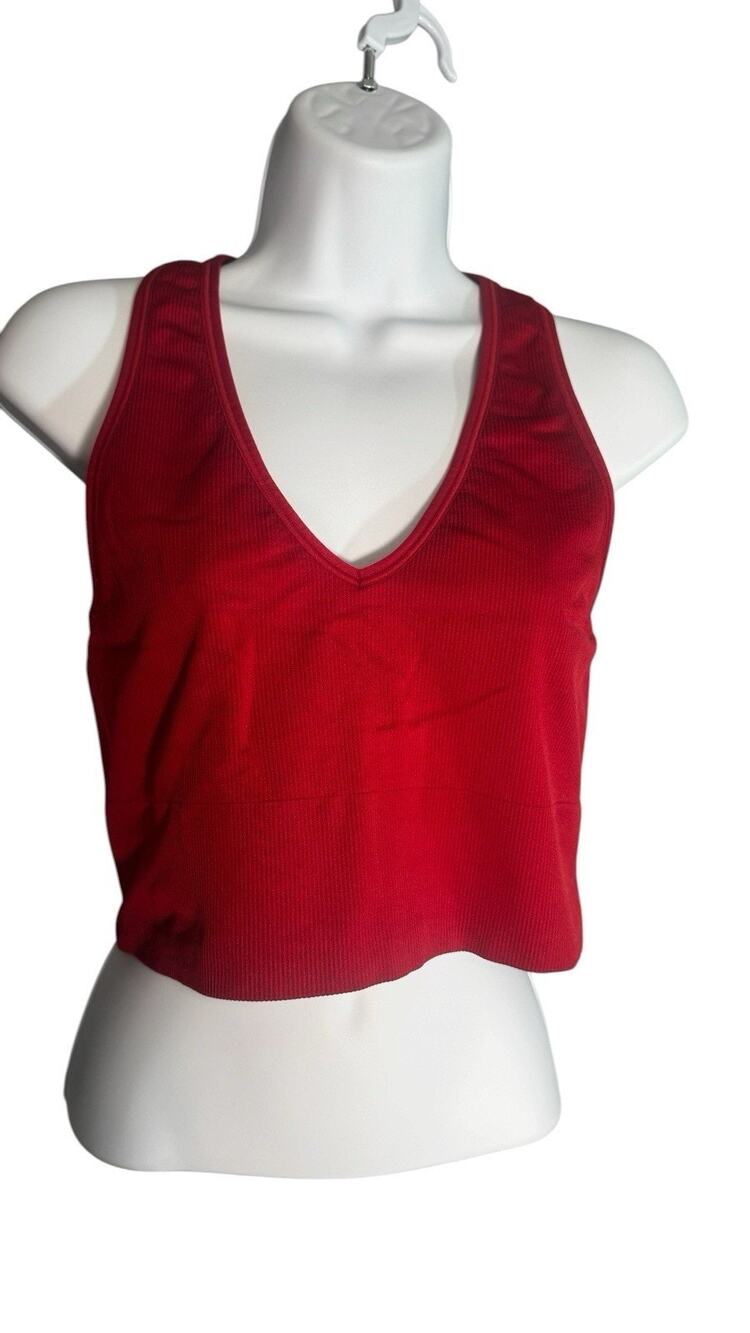 Athleta Women’s Large Red Ribbed V-Neck Crop Tank Top Stretch Fitted